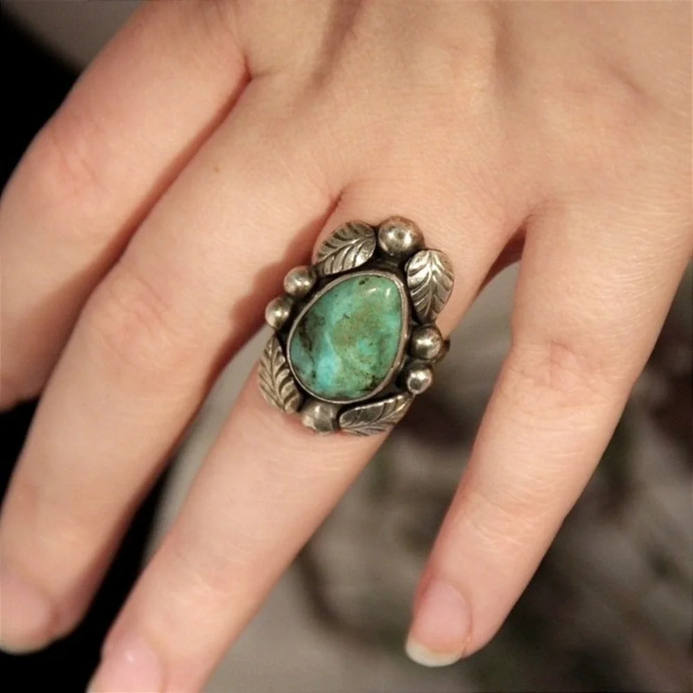 Vintage Sterling Silver Turquoise Leaf Statement Ring Size 6 Southwestern Boho - Picture 3 of 5